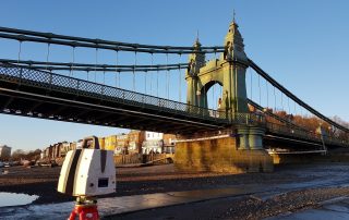 Leica P40 Scanner scanning Hammersmith Bridge underside from the River Thames at low tide