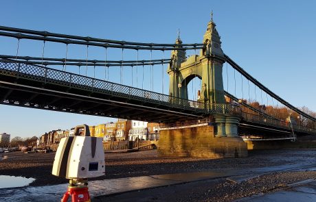 Leica P40 Scanner scanning Hammersmith Bridge underside from the River Thames at low tide