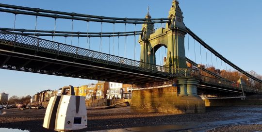 Leica P40 Scanner scanning Hammersmith Bridge underside from the River Thames at low tide